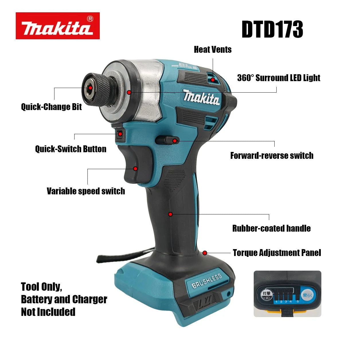 Avvitatore a impulsi Makita DTD173 senza fili 18V, cacciavite elettrico brushless 180N.m ad alta coppia 3600RPM, utensile elettrico compatibile con batterie Makita BL1860B BL1850B BL1840B BL1830B BL1815N LXT 18V, con kit cari