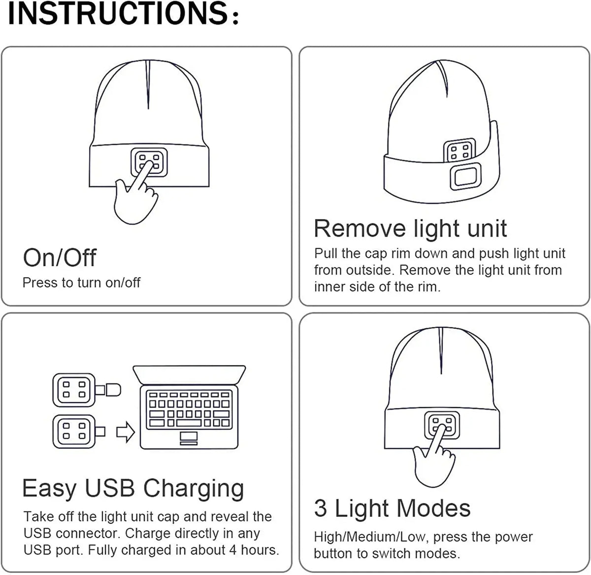 Cappello Illuminato Berretto,USB Ricaricabile Cappello da Corsa 4 LED Impermeabile Luce Invernale Calda Lampada Frontale Regali per Uomo e Donna