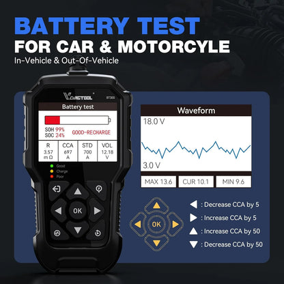 VDIAGTOOL BT300 Tester per Batterie Auto 6-12V, 5-3000 CCA per Analizzatore Batterie Auto, Camion, Moto con Test di Carica, Test di Avviamento, Test di Tensione SOH SOC, Strumento per Test del Sistema di Ricarica e Avviamento