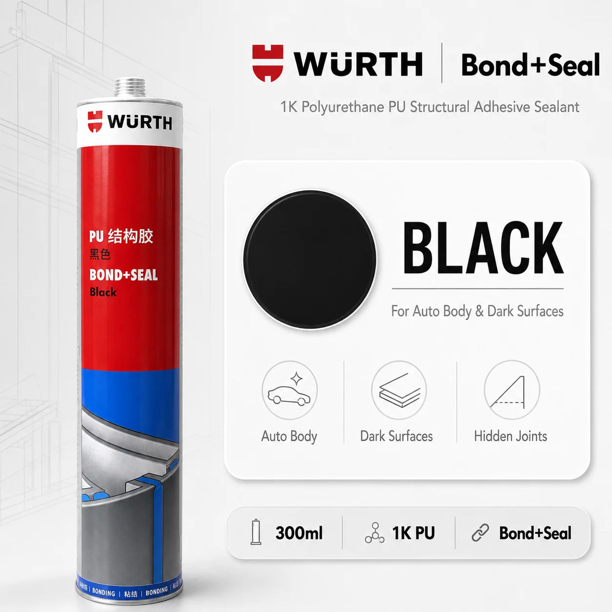 Adesivo Strutturale Poliuretanico PU Originale Wurth Bond+Seal 1K Bianco Grigio Nero per Auto Metallo Legno Calcestruzzo