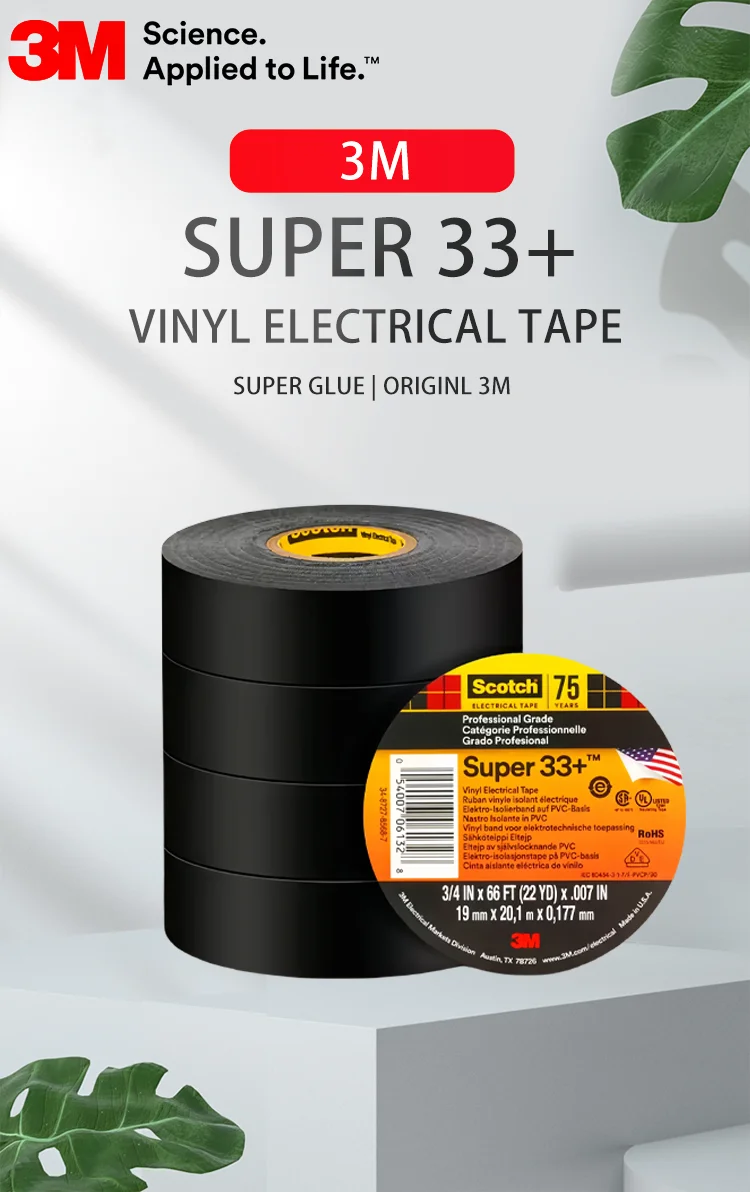 Nastro isolante elettrico in vinile 3M Scotch Super 33+ originale, 19 mm x 20,1 m, 7 mil, nero, in PVC, per giunzioni di cavi e fili.