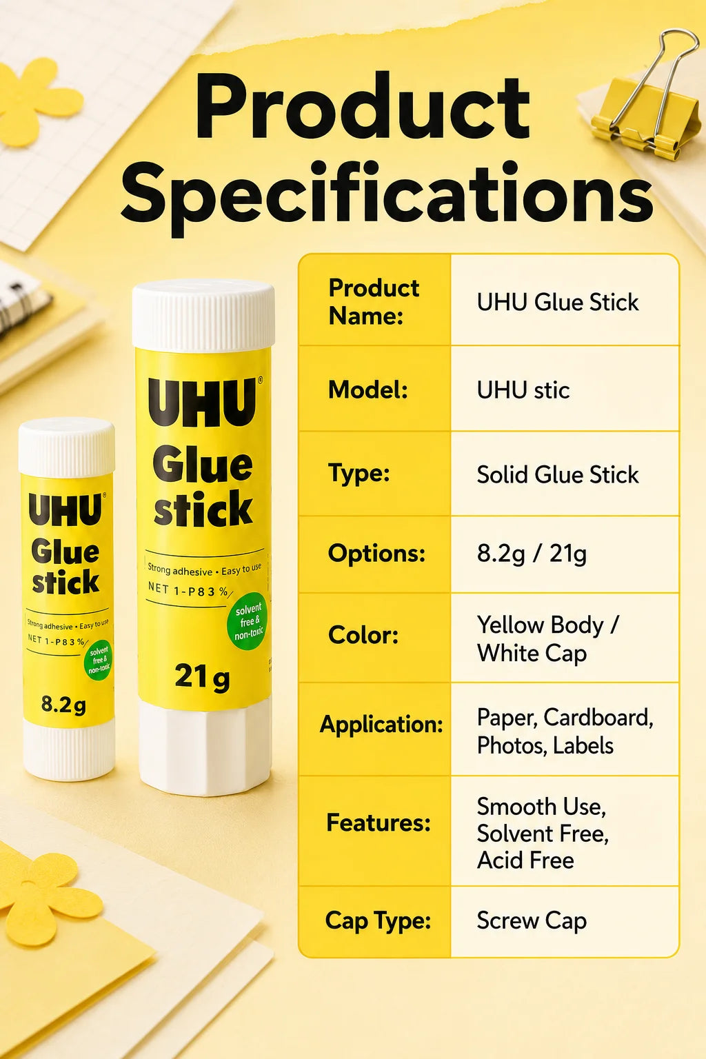 Colla stick UHU 8.2g 21g, colla solida forte, senza disordine, per scuola, ufficio, artigianato, carta.