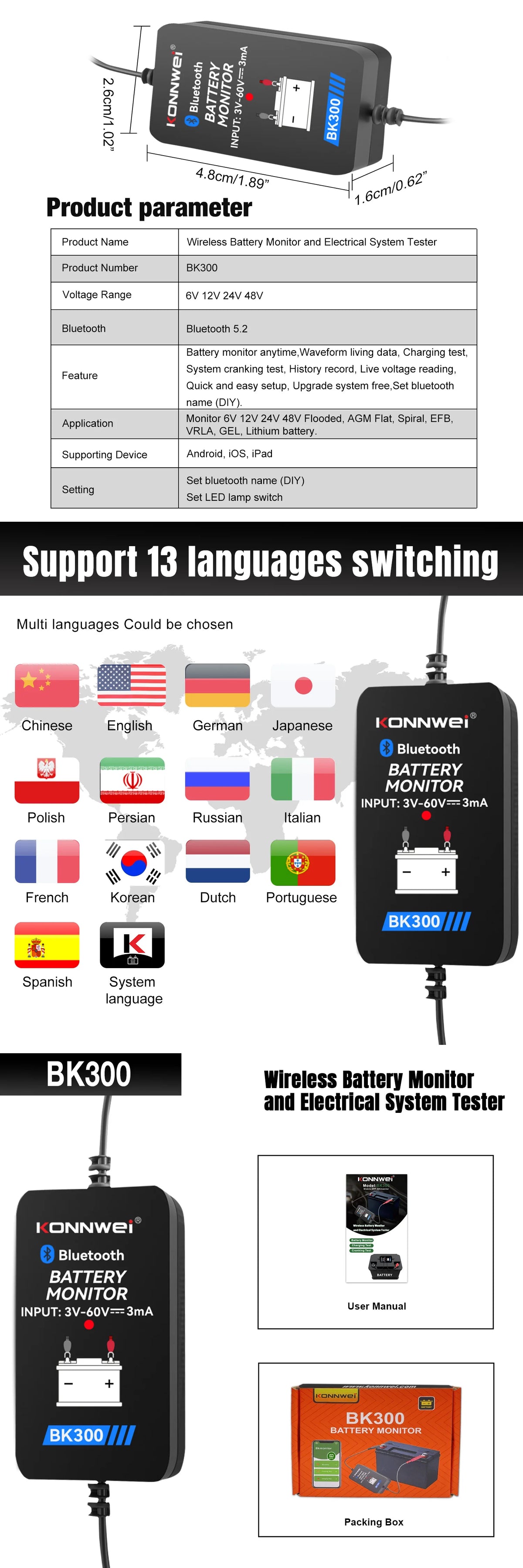 KONNWEI BK300 Tester Bluetooth per Batterie Auto 6V/12V/24V con App Mobile per Auto, Camper, Moto, Camion e Barche