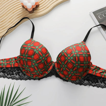 Completo intimo da donna con stampa a quadri, composto da reggiseno push-up con ferretto e perizoma, in pizzo nero con applicazioni, ideale per Natale, modello L1018.