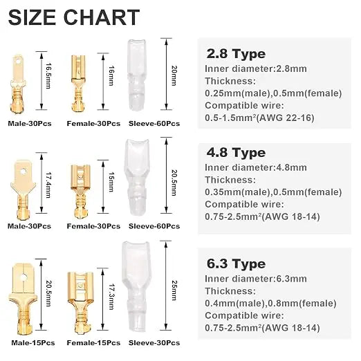 Set di terminali a crimpare per cavi da 2,8/4,8/6,3 mm, connettori a spina maschio e femmina in rame con manicotto isolante, scatola per connettori elettrici