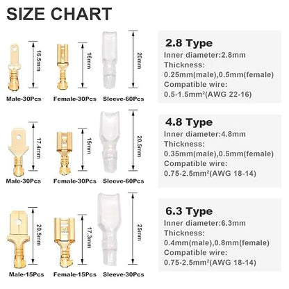 Set di terminali a crimpare per cavi da 2,8/4,8/6,3 mm, connettori a spina maschio e femmina in rame con manicotto isolante, scatola per connettori elettrici