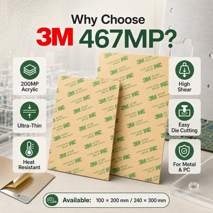 Foglio Adesivo 3M 467MP, Nastro Biadesivo Ultra Sottile 200MP per Alte Temperature, per Metallo, PC, Acrilico, Elettronica, 100x200/240x300mm