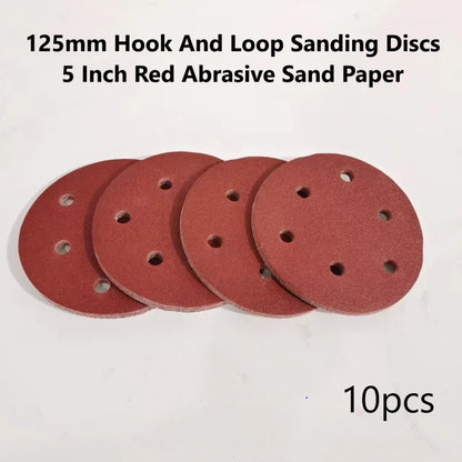 Dischi abrasivi con gancio e anello da 10 pezzi da 125 mm Carta vetrata abrasiva rossa da 5 pollici con 6 fori Grana 80-800 disponibili per levigatrice elettrica