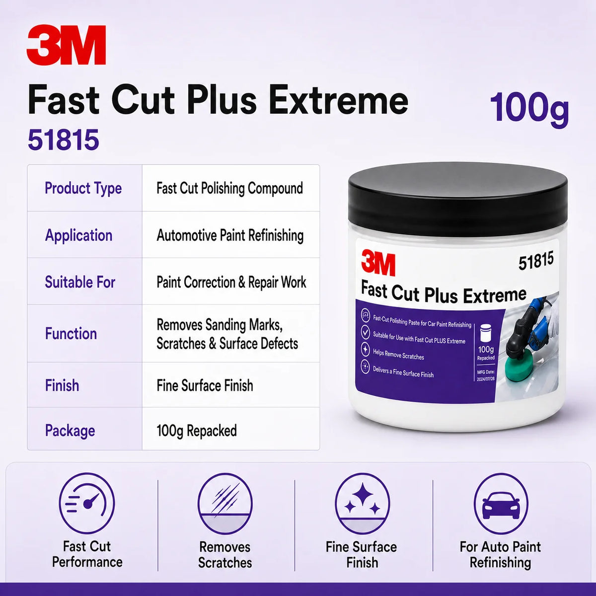 Composto Professionale 3M 51815 Fast Cut Plus Extreme per Lucidatura e Rimozione Graffi Vernice Auto, Confezione da 100g