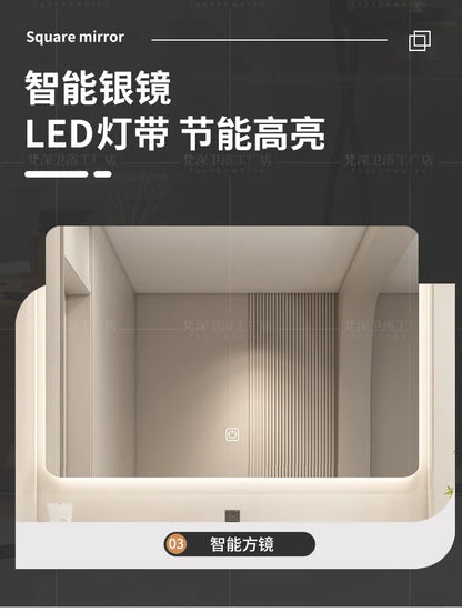 Mobile Bagno Moderno Intelligente con Lavabo Integrato in Ceramica, Armadietti in Rovere, Specchio LED e Mobiletto - Arredamento Bagno
