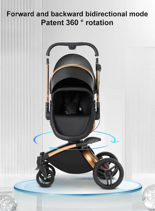 Sistema di trasporto per bambini 3 in 1 con seggiolino auto per neonati e navicella, passeggino pieghevole reversibile a 360 gradi, carrozzina alta per neonati fino a 3 anni, cintura di sicurezza a 5 punti, tettuccio in pelle