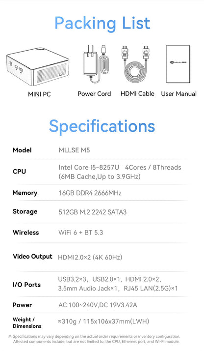 Mini PC Mllse M5 Processore Intel Core I5-8257U 16Gb Ram Ddr4 512Gb Ssd Wifi 6 Bluetooth 5.3 Win 11 Pro
