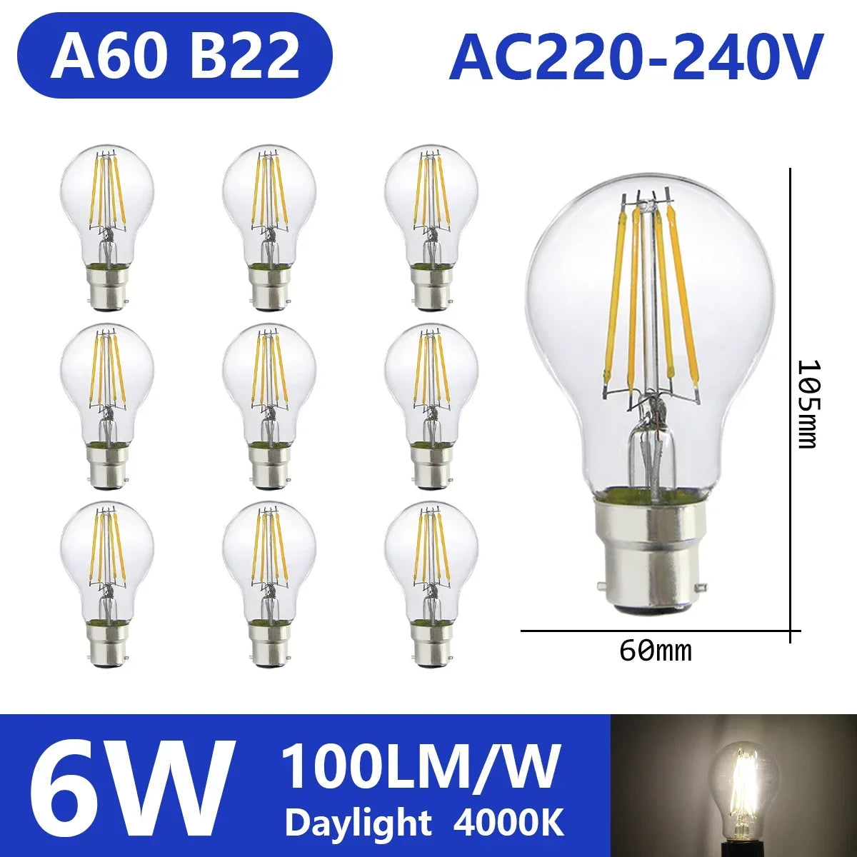 Confezione da 10 lampadine a filamento LED per E27 B22 220V 240V 4W 6W 9W Lampadine a LED bianche calde Lampada in vetro vintage