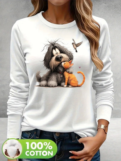 T-shirt da donna in 100% puro cotone, a maniche lunghe, con scollo rotondo, stile casual, con stampa grafica floreale, vestibilità ampia, ideale per la primavera e l'autunno.
