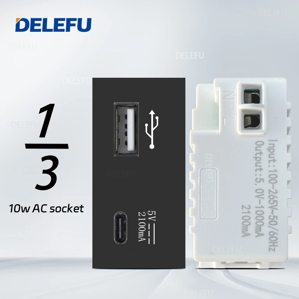 DELEFU Presa Italiana Fai-da-te con USB Tipo C, Interruttore Campanello, 45A 20A, per Tende, Telefono, CAT5, TV, HDMI, SAT, Nera
