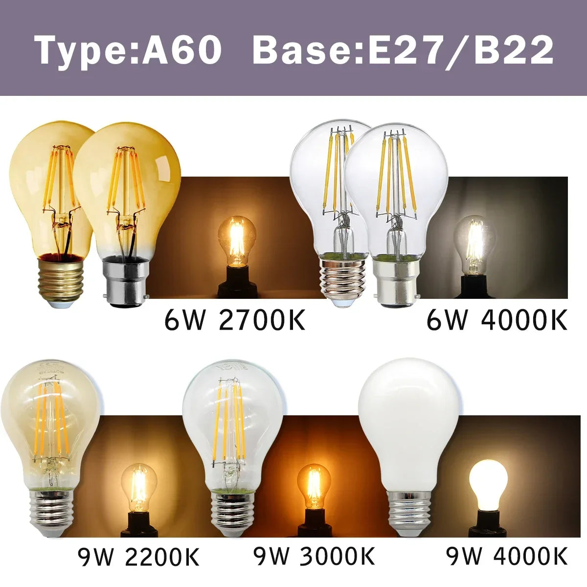Confezione da 10 lampadine a filamento LED per E27 B22 220V 240V 4W 6W 9W Lampadine a LED bianche calde Lampada in vetro vintage