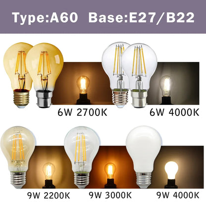 Confezione da 10 lampadine a filamento LED per E27 B22 220V 240V 4W 6W 9W Lampadine a LED bianche calde Lampada in vetro vintage
