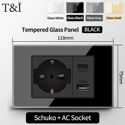 Prese per interruttori a muro T&I con tipo USB  C Ricarica rapida, presa Italia, presa Schuko Cile, pannello in vetro temperato per la casa