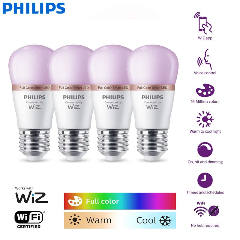 Philips 4PCS LED Smart Mini Ball E27 Lampadine WiZ 4.9W P45 Wi-Fi e Bluetooth 220-240V Lampade P dimmerabili satinate a colori