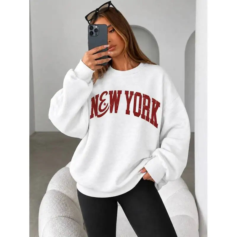Felpa con stampa a tema New York, felpa da donna con collo alla marinara e fodera in pile, felpe sportive e per il tempo libero, ideali per l’autunno e l’inverno.