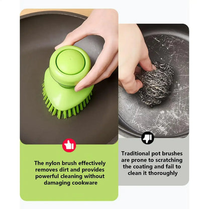 Spazzola per piatti con erogatore di sapone 2 in 1, dotata di spazzola integrata per la pulizia di pentole, padelle e lavelli, fornita con supporto da parete, strumento per la pulizia della cucina.