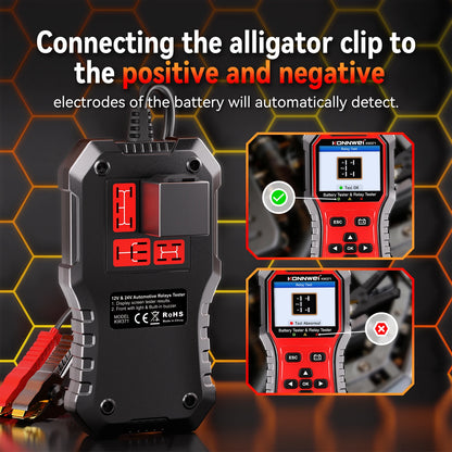 Tester Batteria Auto 2in1 KONNWEI KW371 2026 e Tester Relè a 4 Pin 5 Pin 6V 12V 24V con Stampa Dati Guasto, Test Avvio e Strumento di Scansione Ricarica