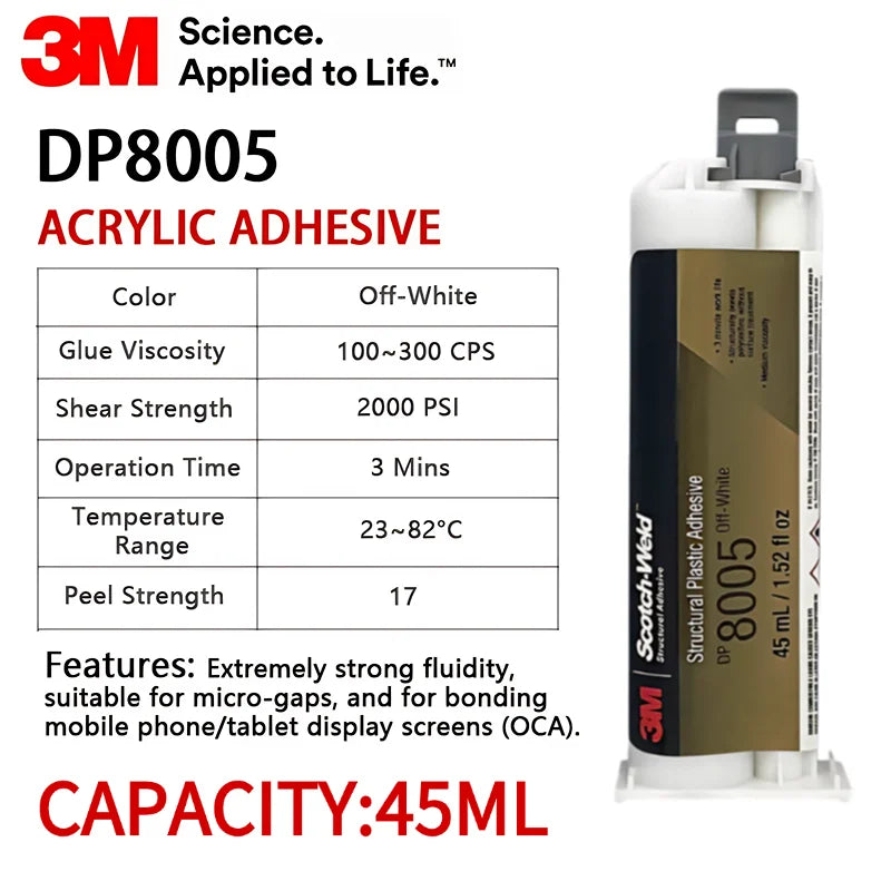Adesivo Strutturale in Plastica 3M Scotch-Weld DP8005 45ml 10:1 Colla Acrilica Bicomponente per Incollaggio PP PE HDPE TPO