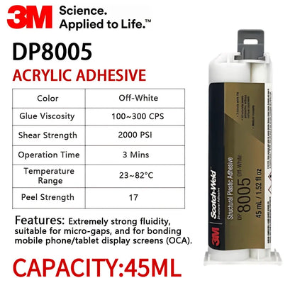 Adesivo Strutturale in Plastica 3M Scotch-Weld DP8005 45ml 10:1 Colla Acrilica Bicomponente per Incollaggio PP PE HDPE TPO
