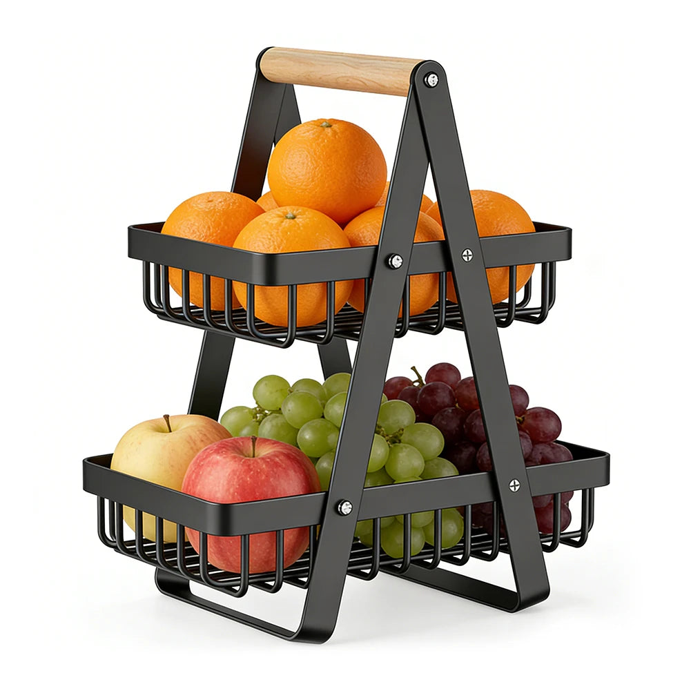 Cestino portafrutta e verdura a 2 e 3 livelli con manico in legno, ciotola multifunzionale in metallo per frutta e verdura, supporto per pane e snack, scaffale organizzatore per prodotti alimentari, espositore per alimenti da