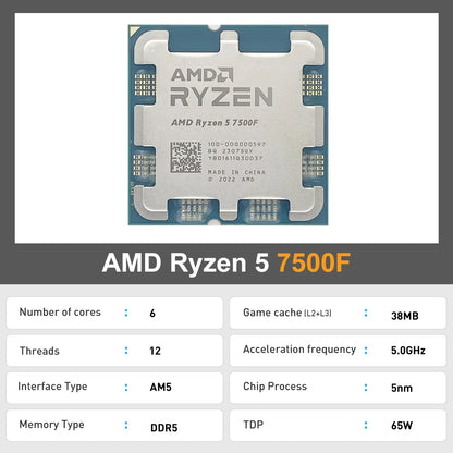 Processore Desktop AMD Ryzen 5 7500F, 6 Core, 5.0GHz, 38MB Cache, Socket AM5 (Dissipatore Non Incluso)