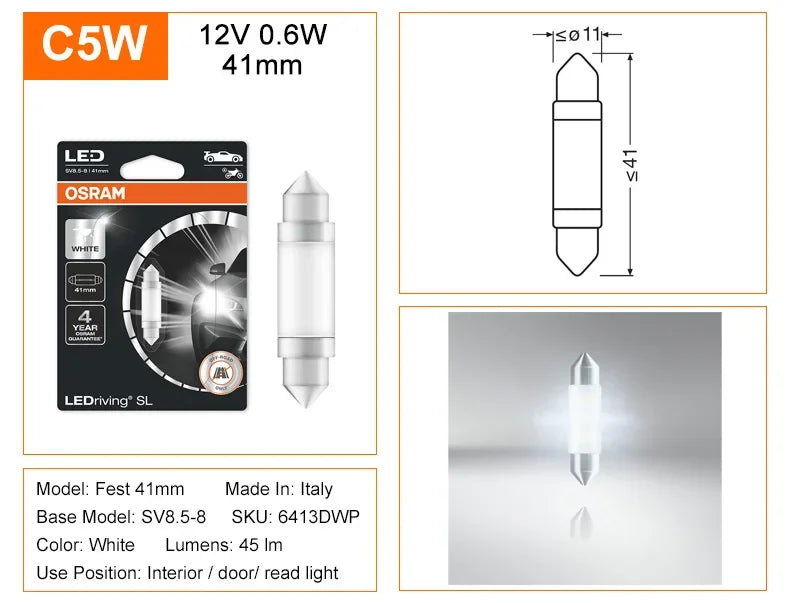OSRAM LED Festoon 31mm 36mm 41mm C5W Fest LEDriving SL Advance Car 6000K Lampada a luce bianca Porta interna Lettura Lampadina targa