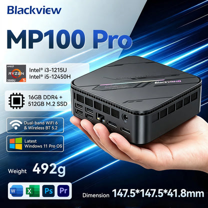 Mini PC aziendale Blackview MP100 Pro, Windows 11 Pro, due opzioni di processore Intel 12ª generazione i3-1215U / i5-12450H, 16GB RAM DDR4, SSD M.2 NVMe 512GB, WiFi 6, uscita video 4K UHD, chip di sicurezza TPM 2.0, pi