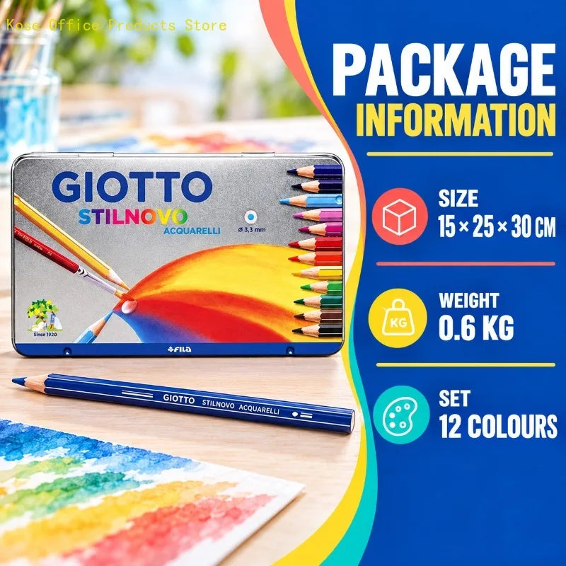 GIOTTO 12 matite colorate per acquerello in una scatola metallica, con mina da 3,3 mm, set per disegno e sfumature dai colori vivaci, ideale per studenti, artisti e appassionati di arte.