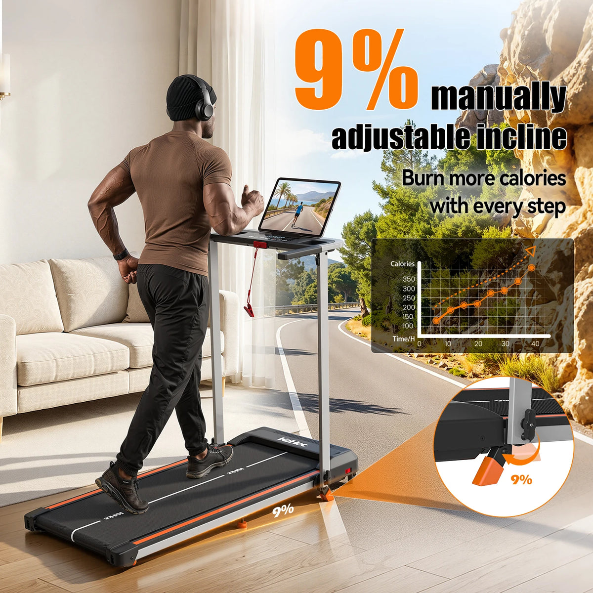 Treadmill domestico KeHot con APP Bluetooth, macchina da corsa pieghevole 1-12 Km/h, compatibile con EQISport/Zwift/Kinomap, display LED, inclinazione regolabile, capacità 125 kg, tapis roulant compatto per cardio.