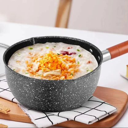 Pentola per il latte antiaderente Manico in legno Pentola per zuppa universale in stile giapponese con coperchio e beccuccio versatore Pentola per alimenti per bambini