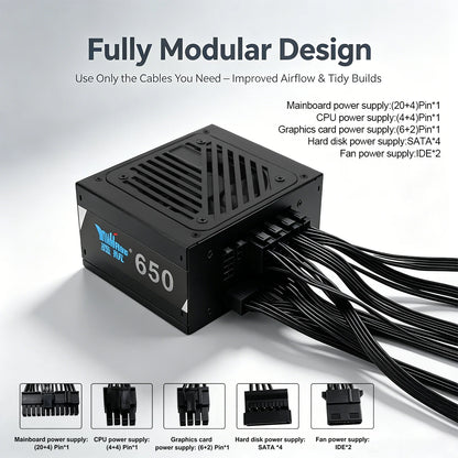 Alimentatore Max 650W SFX Mini ITX Completamente Modulare per Computer 110V~240V 8CM Controllo Intelligente della Temperatura Ventola Silenziosa