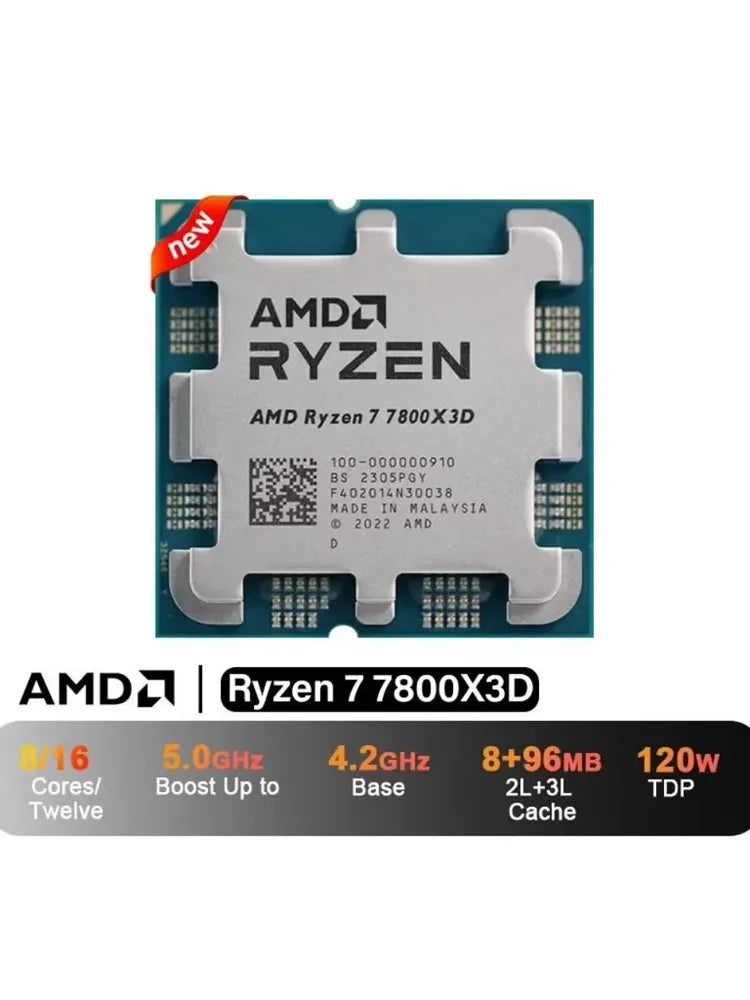 Processore AMD Ryzen 7 7800X3D, 8 core, 16 thread, fino a 5,0 GHz, 96 MB di cache L3, socket AM5, processore per PC desktop da gaming, senza dissipatore.