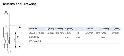 Lampada Alogena Philips 7158XHP 150W G6.35 24V Senza Riflettore, Luce Senza Ombra per Microscopi, Lampadina FCS per Proiezioni