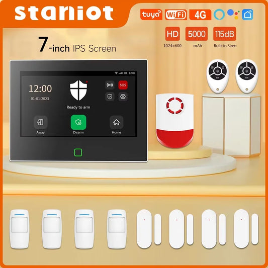 Sistema di allarme domestico Staniot da 7 pollici, wireless, WiFi, 4G, Tuya Smart, kit di protezione di sicurezza con sirena integrata da 115 dB e batteria da 5000 mAh