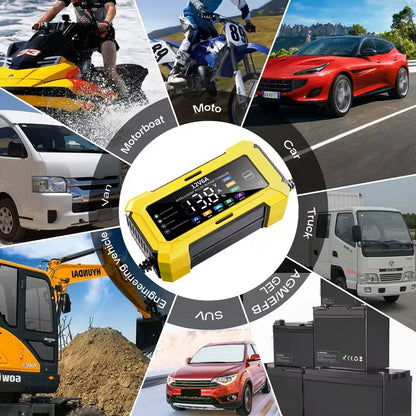 Caricabatterie per auto e moto con schermo a colori, 12V 6A, caricabatterie per batterie al piombo e al litio, spina europea, arresto automatico quando la carica è completa.