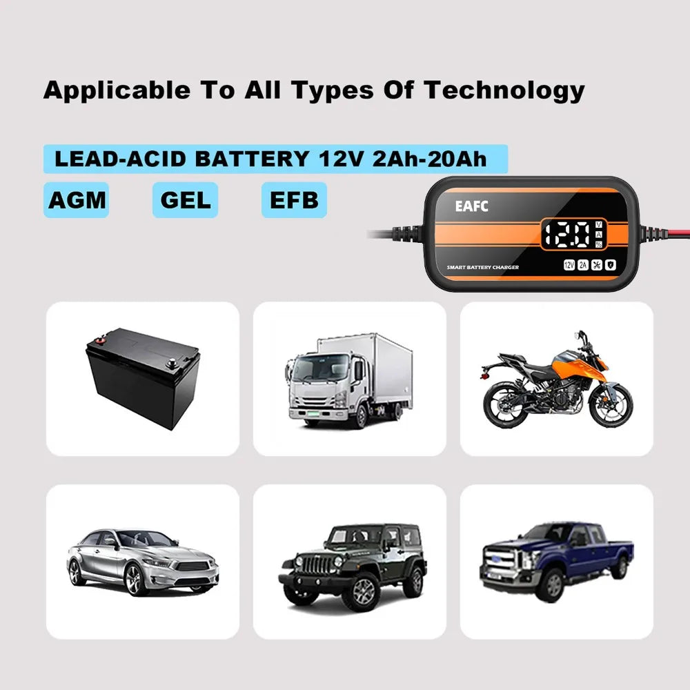 Il più nuovo caricabatteria per auto 12V 2Ah-20Ah caricabatterie per riparazione batteria al piombo con display digitale intelligente per auto SUV moto