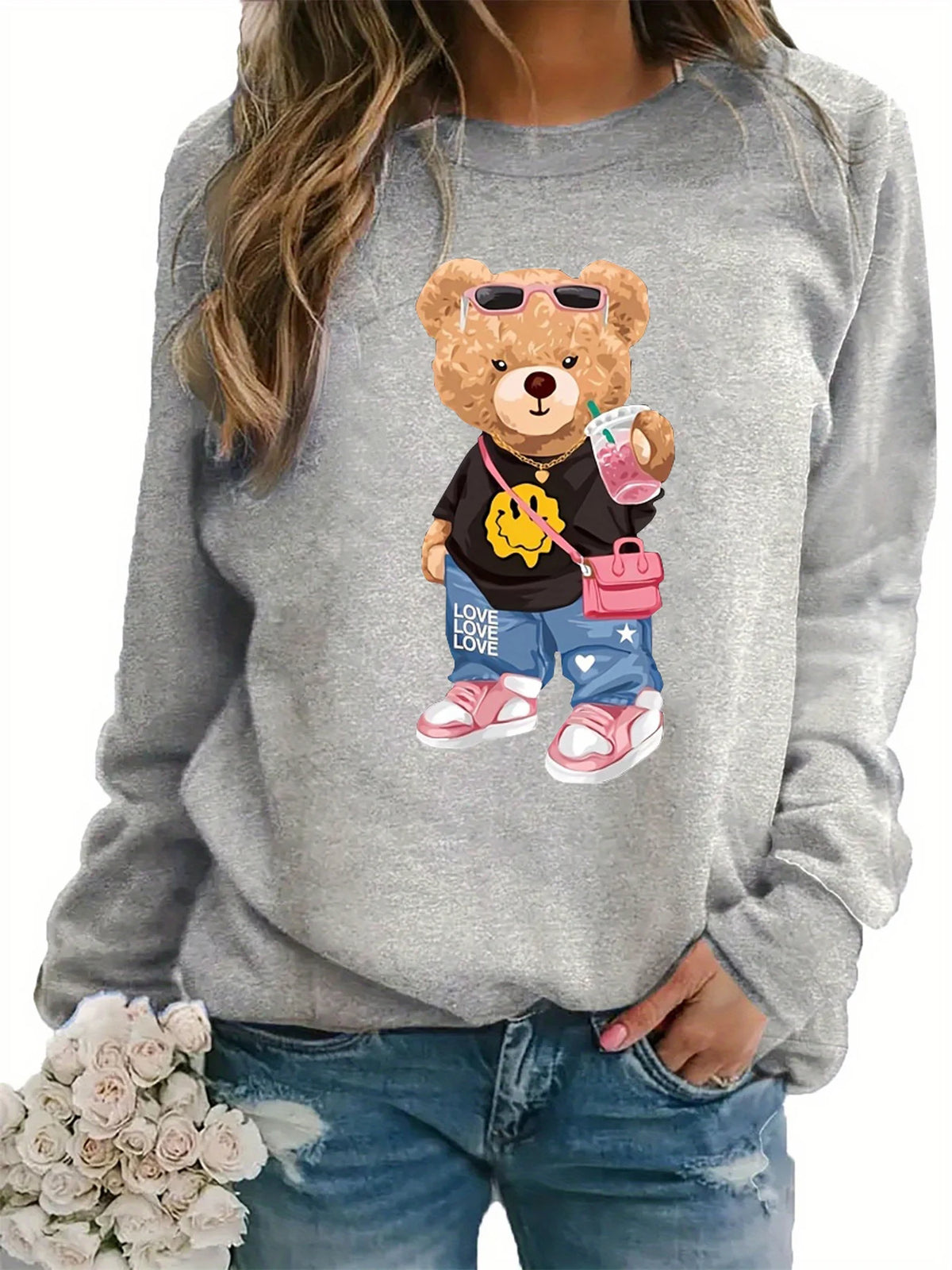 Maglione da donna, modello casual per l’autunno e l’inverno, ampio e comodo, caldo, con stampa a tema cartone animato, scollo rotondo e maniche lunghe.