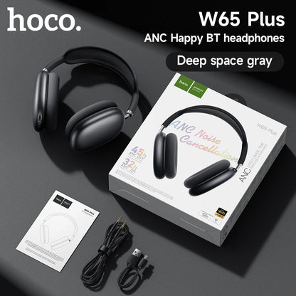 Cuffie Bluetooth HOCO W65 Plus con cancellazione del rumore ANC, auricolari wireless over-ear, suono Hi-Fi, cuffie sportive con pulsante.