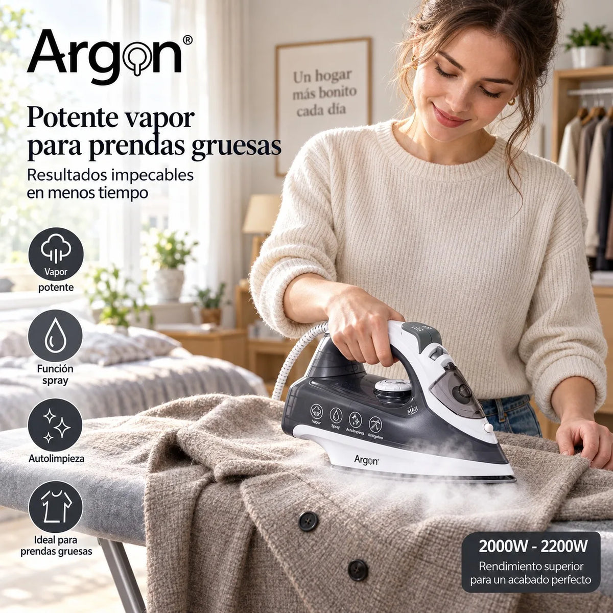 Ferro da stiro professionale a vapore da 2200 W, con piastra in ceramica scorrevole, sistema anti-goccia e autopulente, per stirare sia in verticale che in orizzontale capi in cotone e lino.