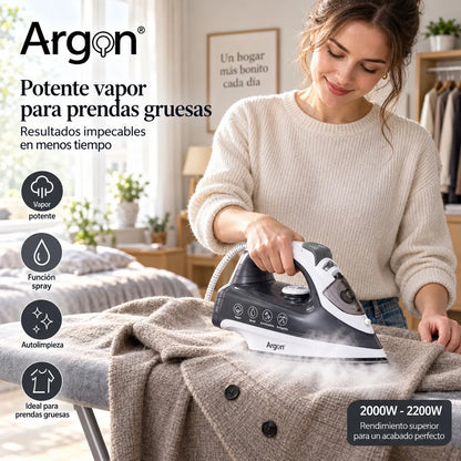 Ferro da stiro professionale a vapore da 2200 W, con piastra in ceramica scorrevole, sistema anti-goccia e autopulente, per stirare sia in verticale che in orizzontale capi in cotone e lino.