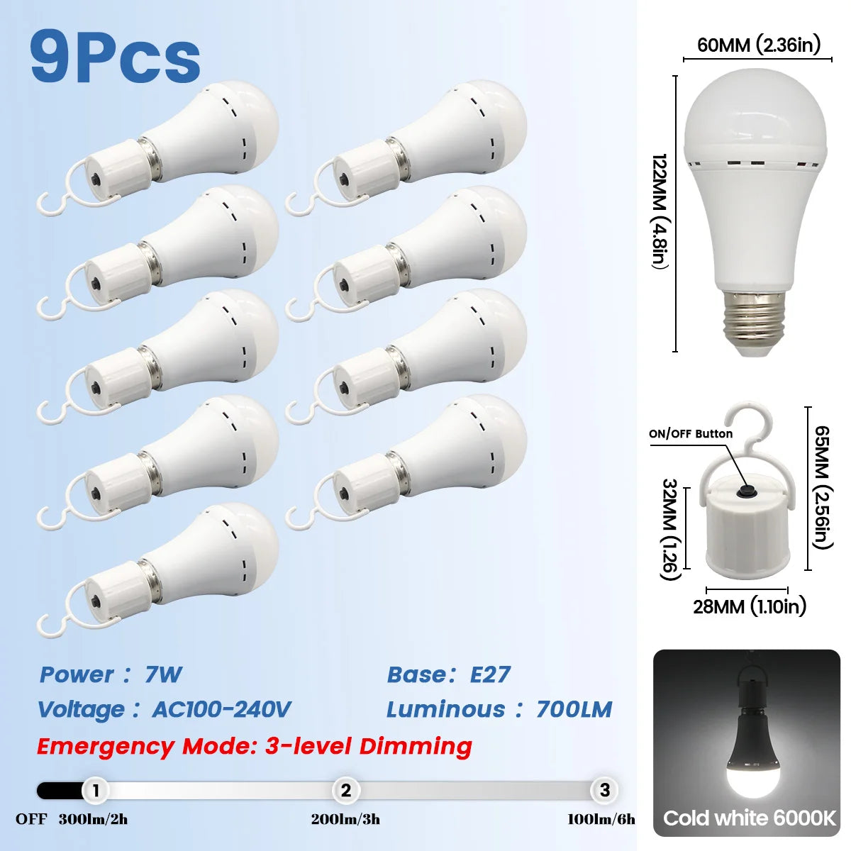 Lampadina LED ricaricabile E27 7W 1500mAh 220V 110V Lampadina di emergenza per alimentazione domestica Lampada da giardino per portico da campeggio in guasto all'aperto