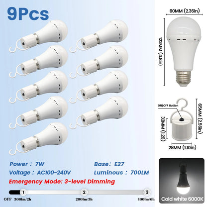 Lampadina LED ricaricabile E27 7W 1500mAh 220V 110V Lampadina di emergenza per alimentazione domestica Lampada da giardino per portico da campeggio in guasto all'aperto