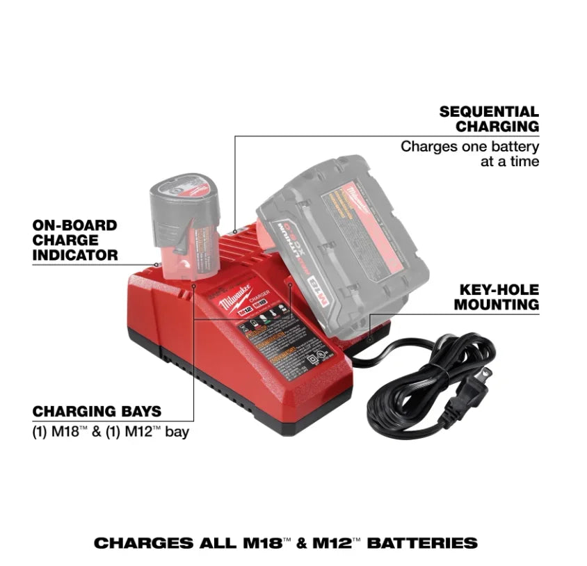Caricabatterie multi-tensione Milwaukee M12-18FC, compatibile con M12 M18 48-11-1880, 48-11-2460, 48-59-1803, batteria Milwaukee a ricarica rapida