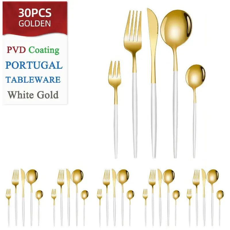 Set di posate dorate da 30 pezzi in acciaio inossidabile, coltelli, forchette, cucchiai, set di stoviglie per banchetti, ristoranti e ospiti
