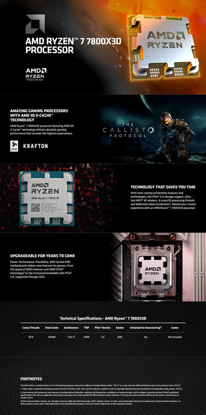 Processore AMD Ryzen 7 7800X3D, 8 core, 16 thread, fino a 5,0 GHz, 96 MB di cache L3, socket AM5, processore per PC desktop da gaming, senza dissipatore.
